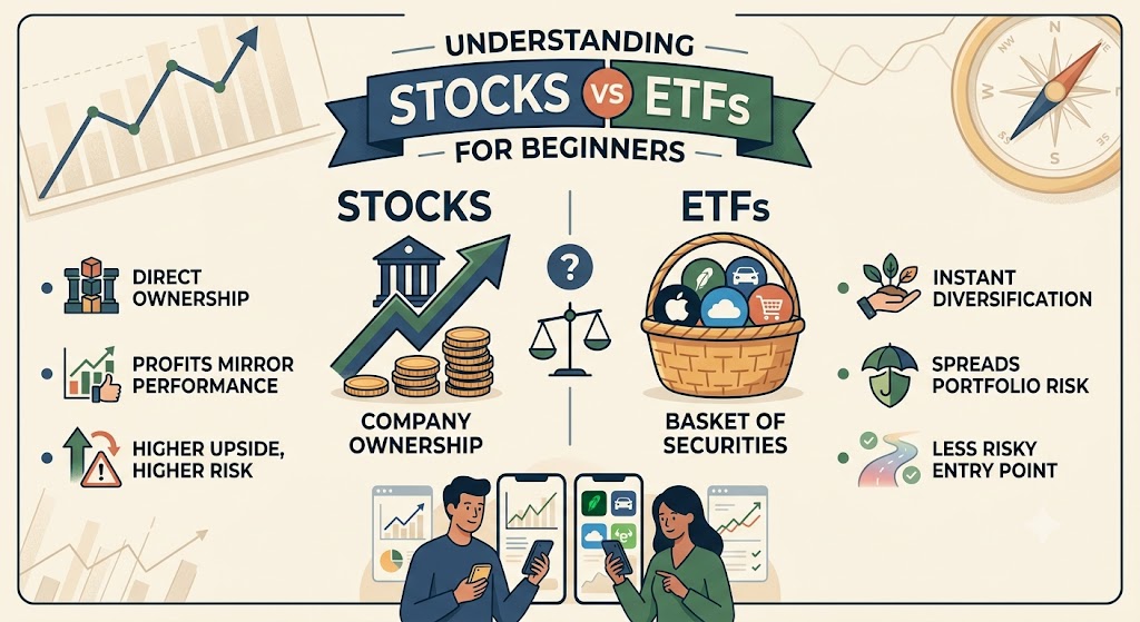 An infographic comparing Stocks vs ETFs for beginners, with icons for ownership, diversification, and users on smartphones.