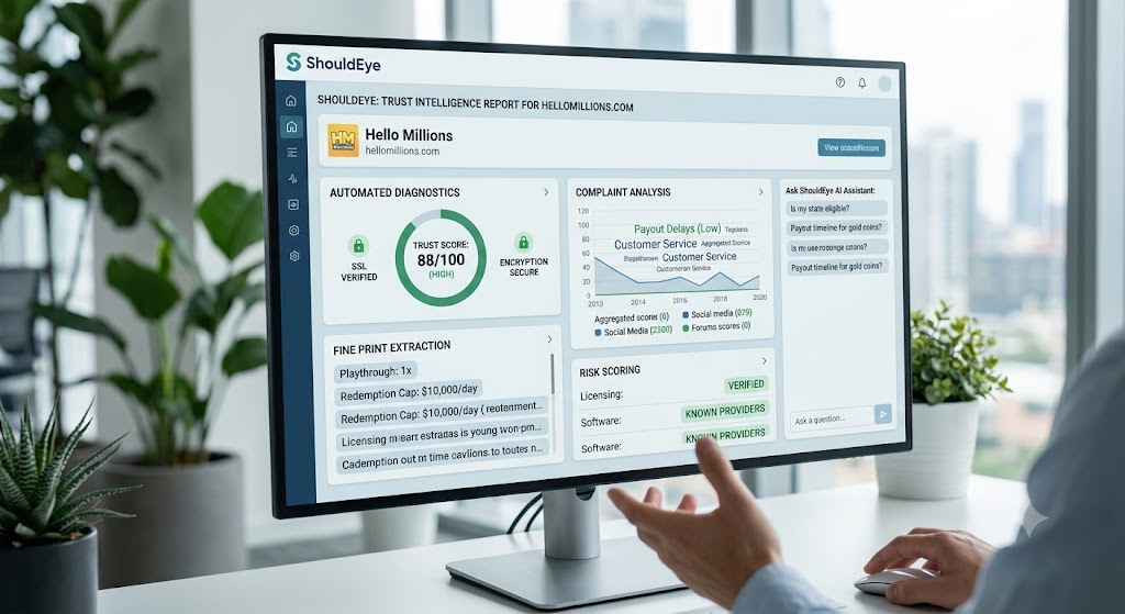 A desktop monitor displaying the ShouldEye trust intelligence dashboard for analyzing Hello Millions security scores.