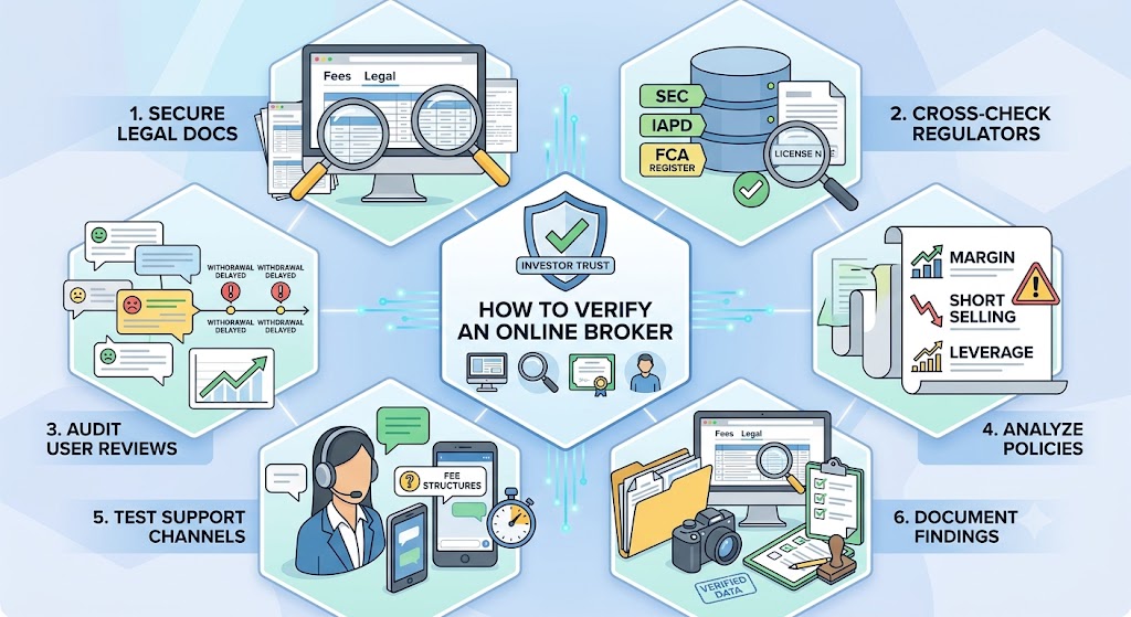 A multi-step vector infographic showing processes to verify an online broker, like checking SEC registration and fees.