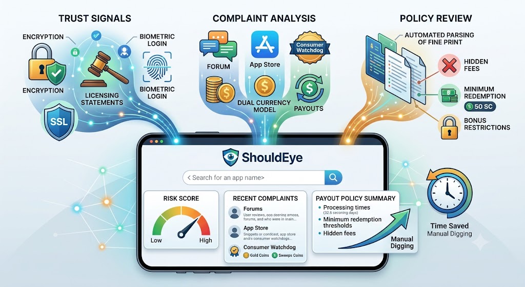 How ShouldEye helps you check mobile sweepstakes casinos ShouldEye pulls together three core data streams for any sweepstakes casino apps you might consider: Trust signals: Encryption use, licensing statements, and biometric login availability. Complaint analysis: Aggregated user reports from forums, app stores, and consumer watchdogs regarding the dual currency model and payouts. Policy review: Automated parsing of fine print to surface hidden fees, minimum redemption thresholds for Sweeps Coins, and bonus restrictions. By feeding an app’s name into ShouldEye, you instantly see a risk score, a list of recent complaints, and a concise summary of the payout policy—saving you hours of manual digging to find the best sweepstakes casino apps.
