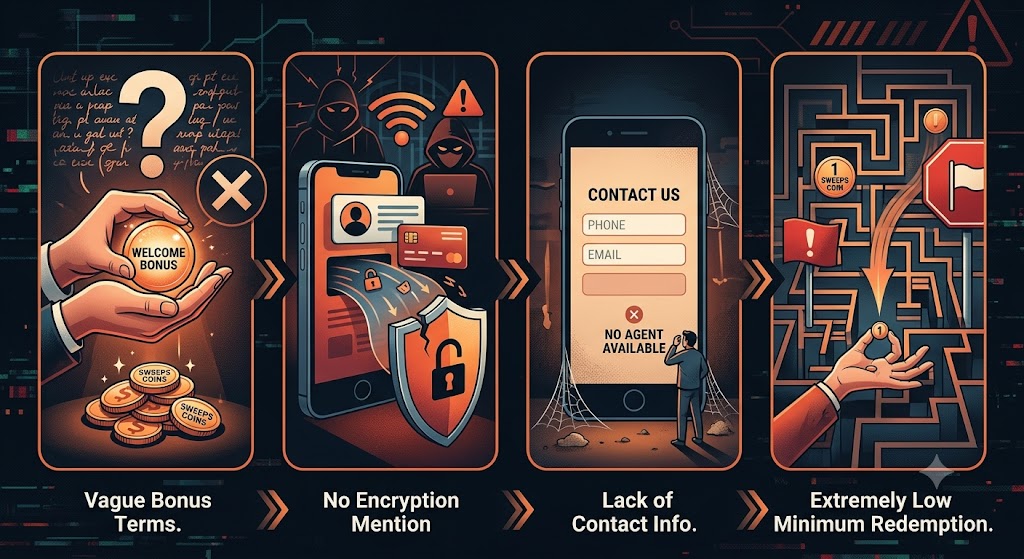 Infographic highlighting common red flags in sweepstakes casino apps: vague terms, no encryption, and poor support.