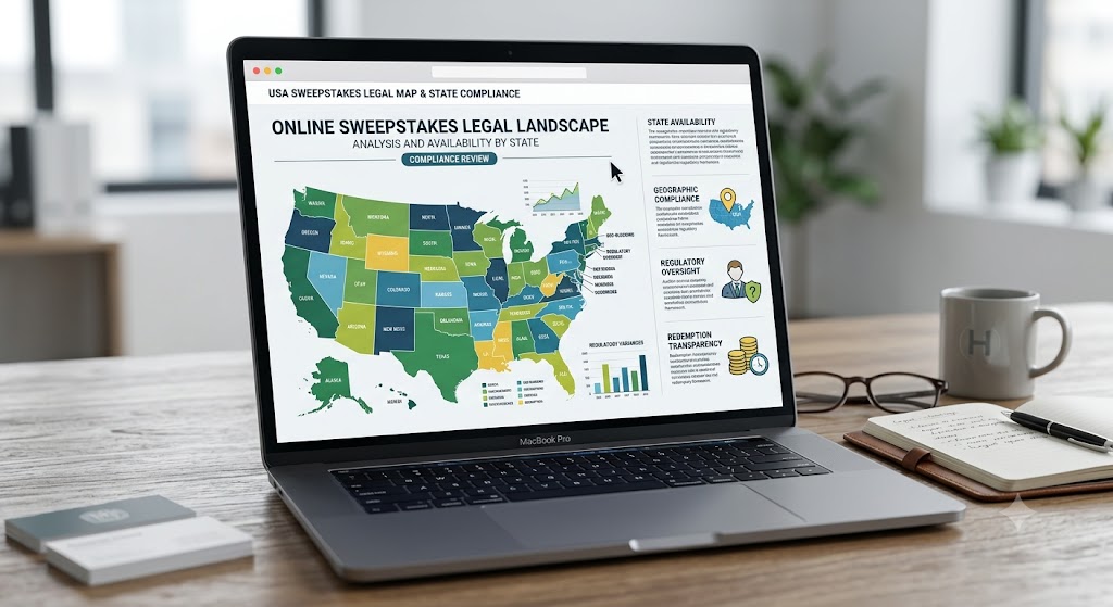 A laptop on a desk showing a US legal map for online sweepstakes availability, regulatory compliance, and state rules.