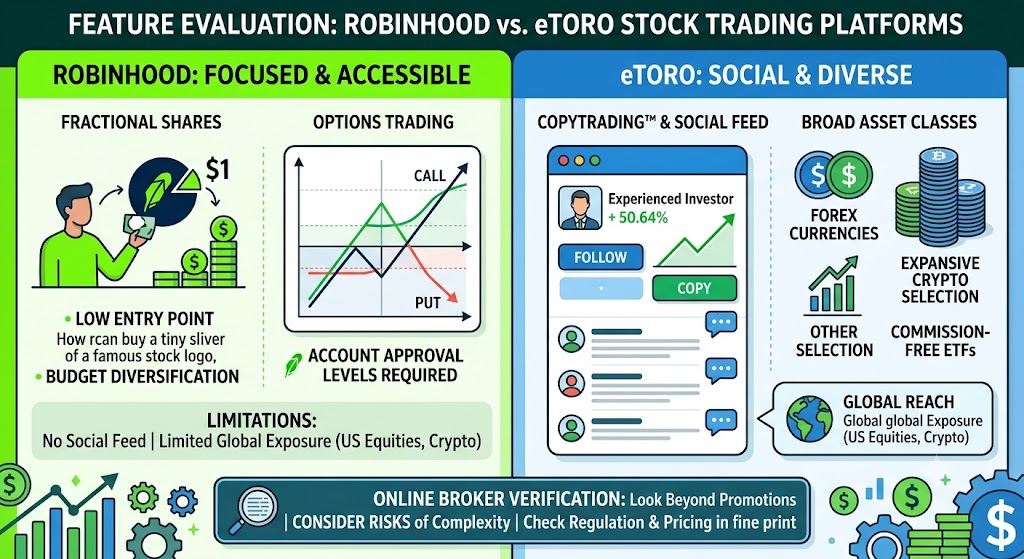 Infographic comparing Robinhood (fractional shares, options) vs. eToro (social copy trading, forex, crypto, global ETFs).