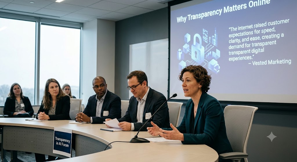 Panelists sit at a conference table discussing AI transparency in front of a presentation slide with a quote.
