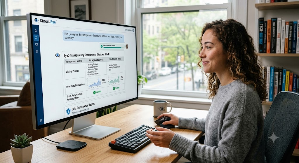 A woman uses the ShouldEye platform to compare online transparency metrics for two different services on her desktop monitor.