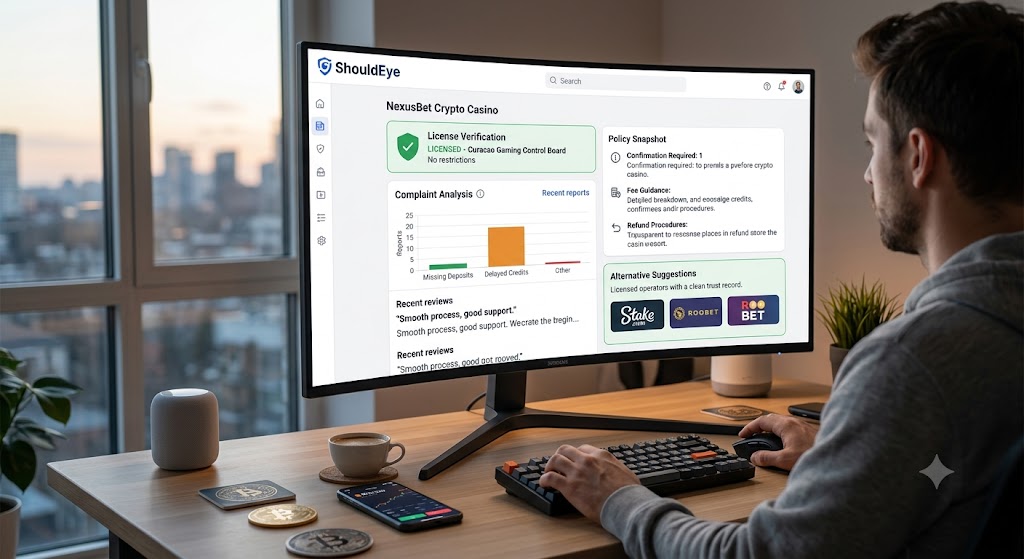 A user checks the ShouldEye dashboard on a monitor to verify crypto casino licenses and review missing deposit reports.