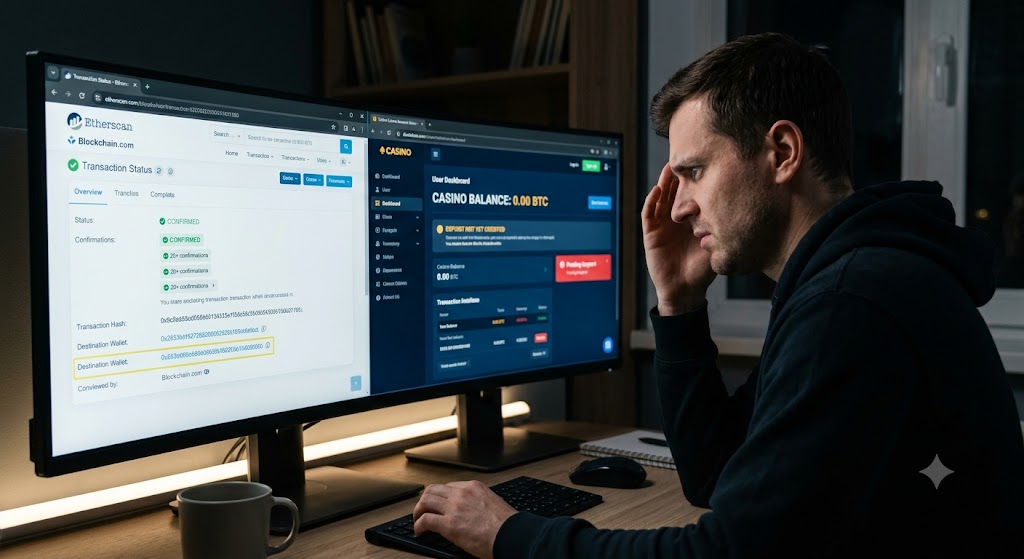 A stressed man traces a confirmed Etherscan crypto transfer that has not yet credited to his online casino balance.