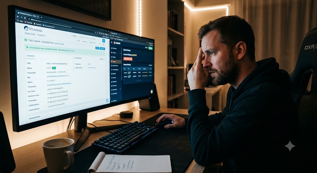 A focused man at a desk compares a confirmed blockchain transaction on one screen with a zero online casino balance on another.