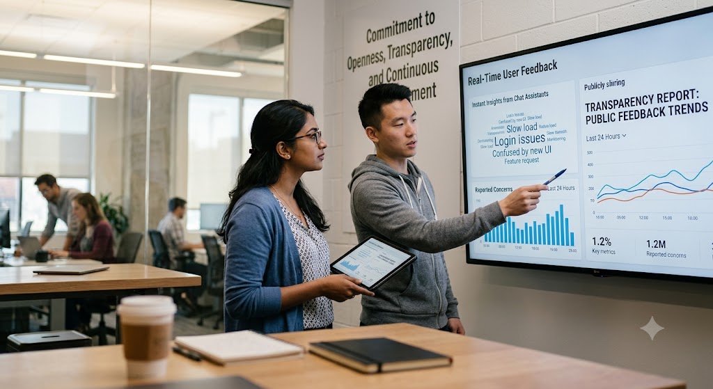 Two colleagues in an office discuss real-time user feedback and transparency trends displayed on a large wall screen.