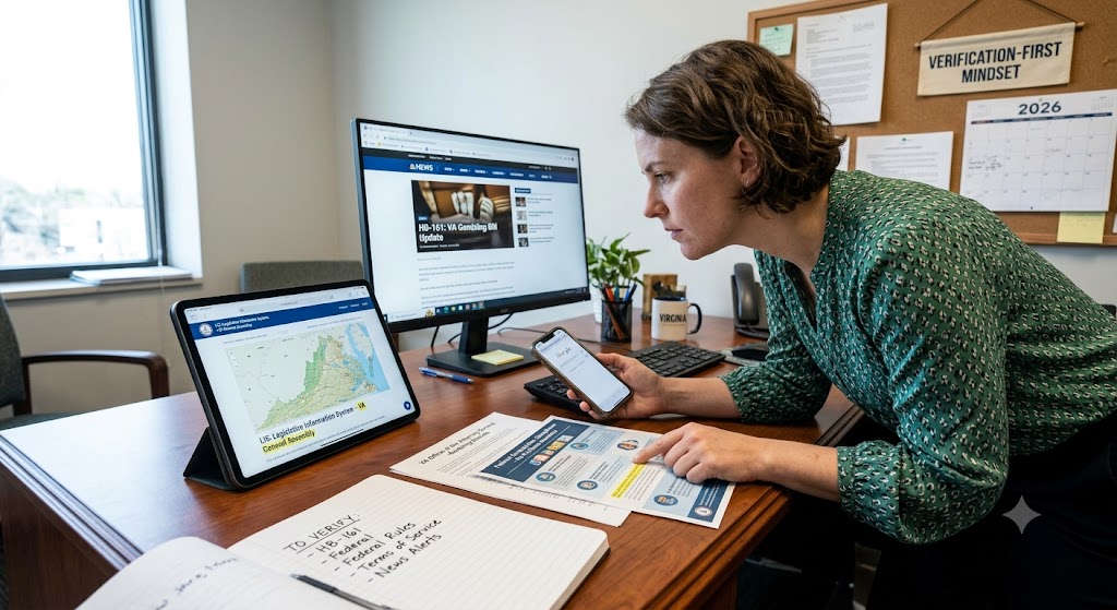 A woman at her office desk researches Virginia legal updates and HB-161 on a monitor, tablet, smartphone, and checklist.