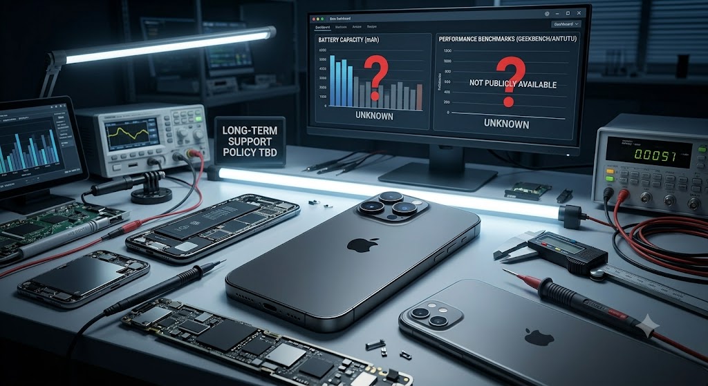 Smartphone on a tech testing bench alongside dissembled parts, diagnostic equipment, and monitors showing question marks.