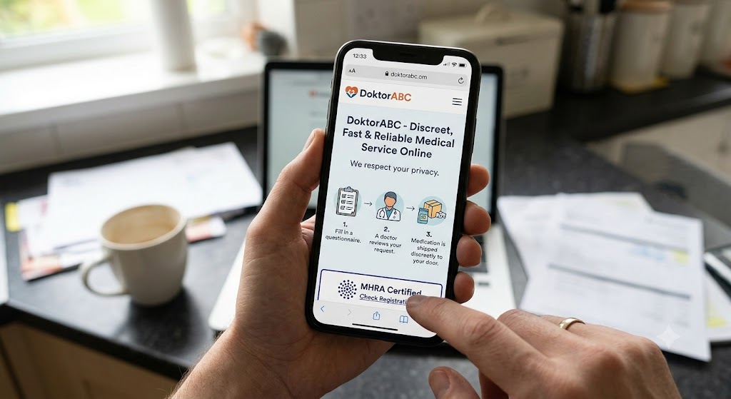 Hand holding a smartphone displaying the DoktorABC website showing a telehealth process and an MHRA certified badge.