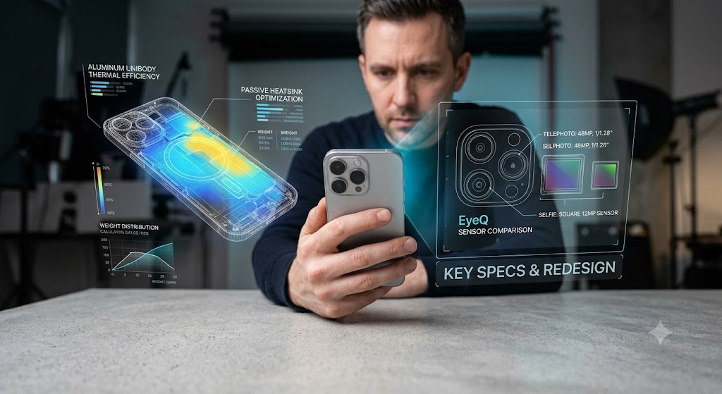 A person holds a phone, viewing two transparent floating displays with 3D models, technical data, and diagrams in a well-lit studio.