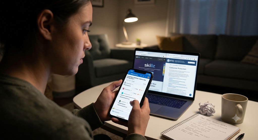 A person checks online community reviews on a phone with consumer protection website pages open on a nearby laptop.