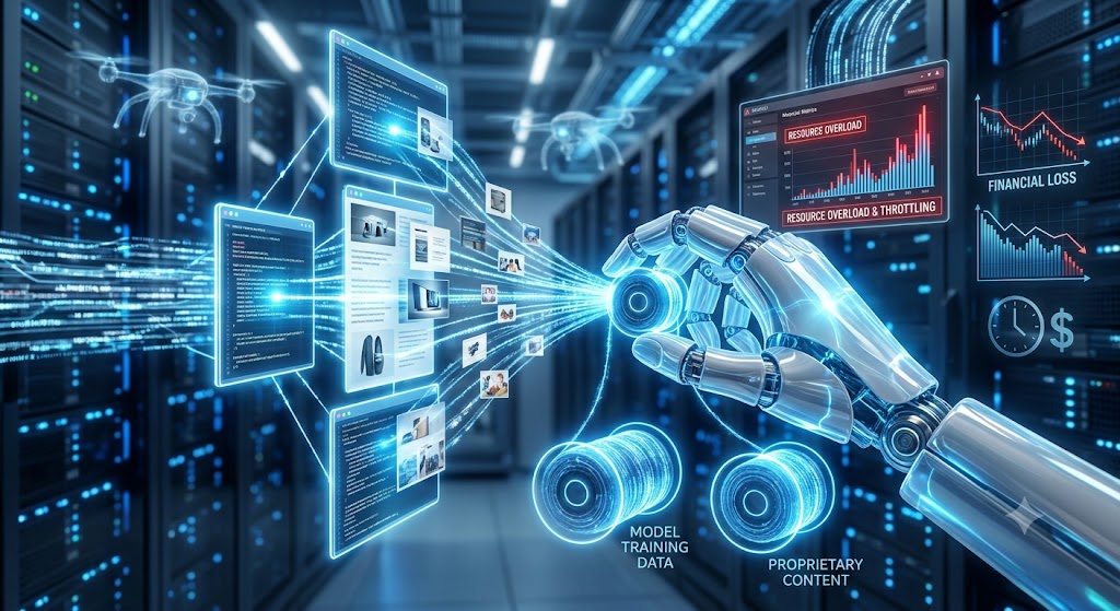 An AI robot hand extracts data from screens in a server room for model training, causing resource overload and financial loss.