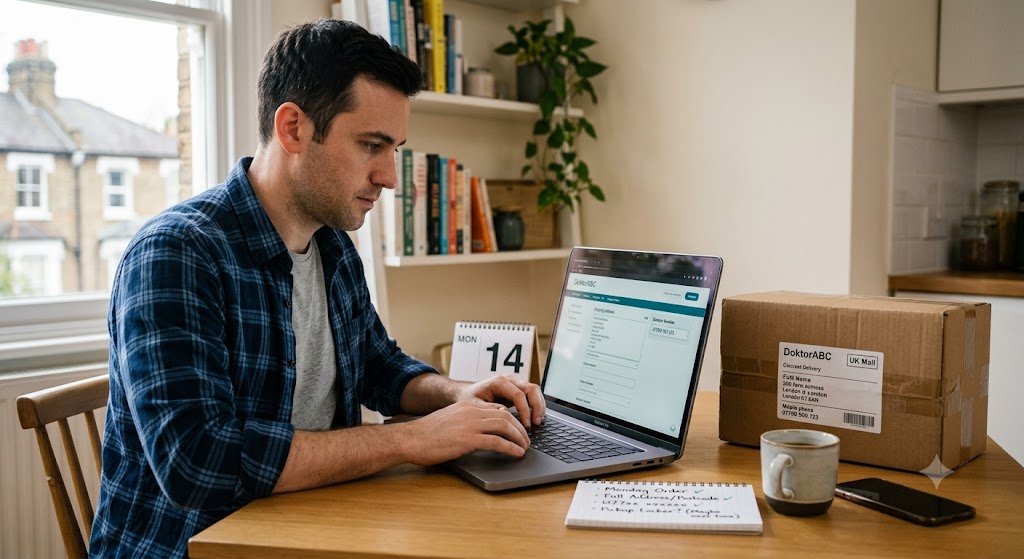 Man filling out address details on a laptop early in the week next to a desk calendar and delivery package.
