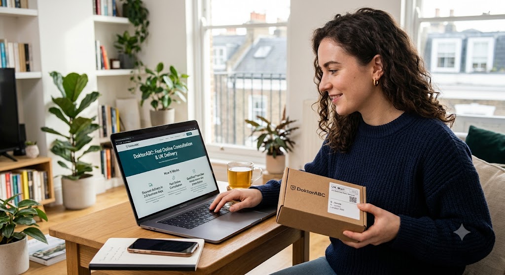 Woman at a desk using a laptop displaying DoktorABC while holding a plain brown, discreet prescription delivery package.