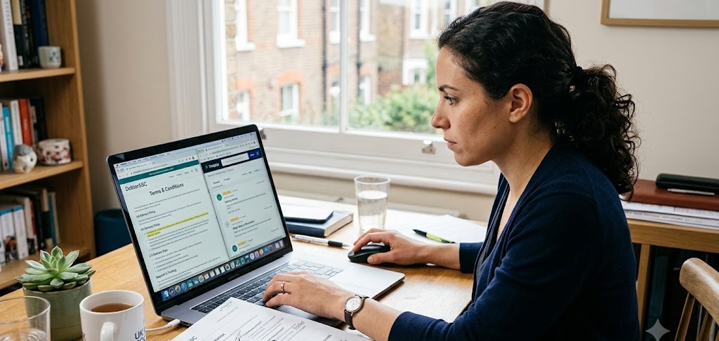Focused woman reviewing online pharmacy terms, conditions, and customer reviews on a laptop computer at her desk.