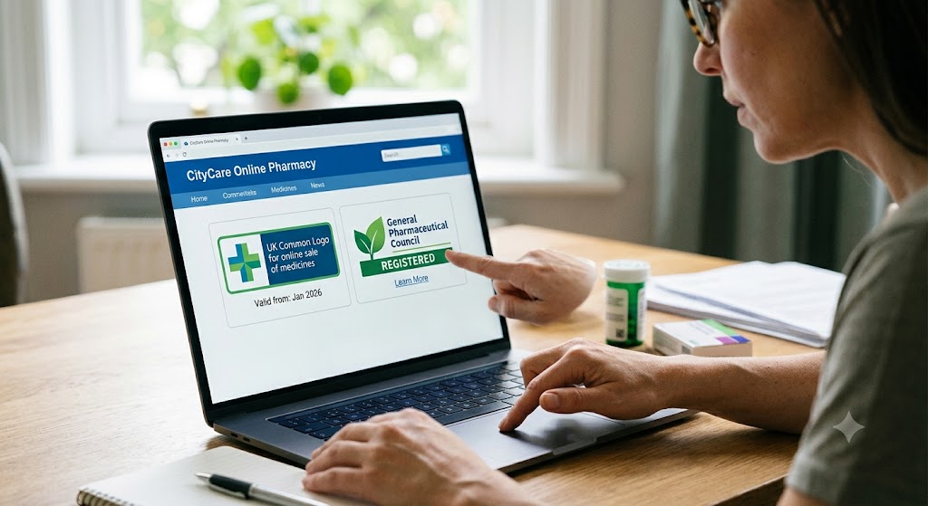 A person points to the UK Common Logo and GPhC registered logo on an online pharmacy website, verifying credentials.