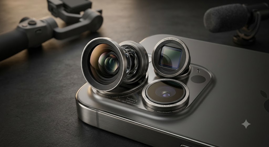 Close-up of a smartphone camera module displaying lens elements and a square sensor with filmmaking gear nearby.