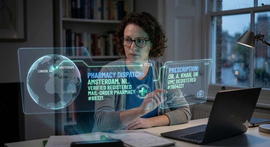 Woman sitting at a desk interacts with floating blue holographic screens showing cross-border prescription map and data.