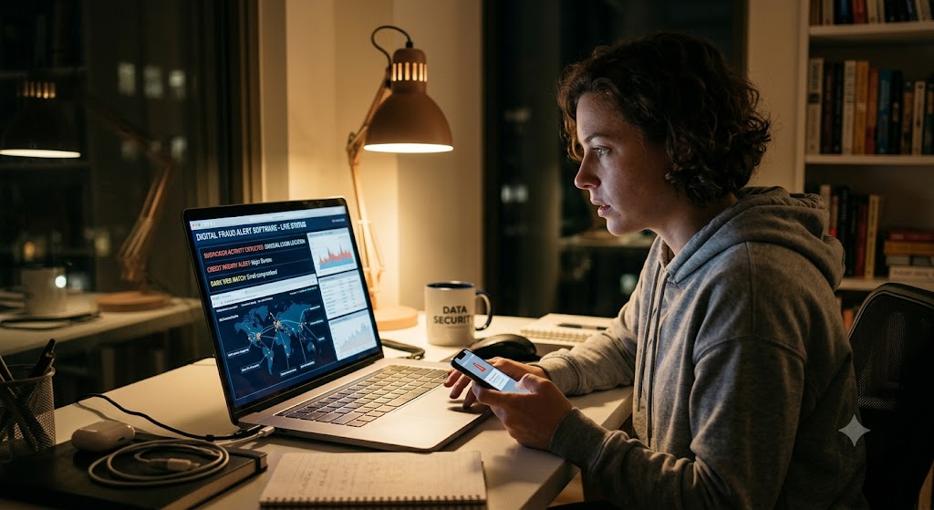 A woman at her desk at night looking at a laptop dashboard showing fraud alerts while holding a phone with a notification.