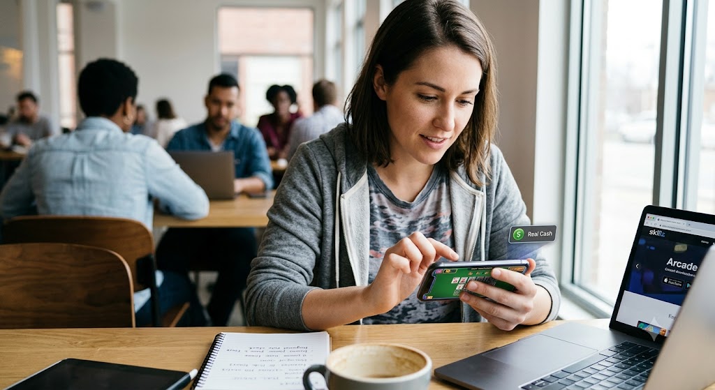 A woman playing a mobile skill game on a smartphone inside a cafe, beside a laptop displaying the Skillz Arcade website.