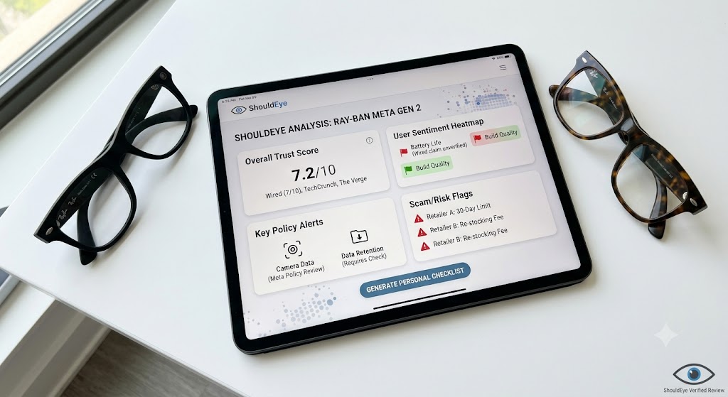 A tablet displaying a ShouldEye Ray-Ban Meta Gen 2 analysis dashboard sits on a white desk flanked by two smart glasses.