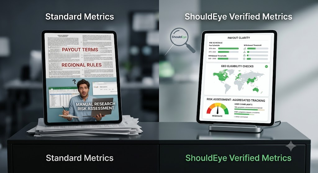 Side by side screen comparison showing cluttered legal terms versus clear ShouldEye verified platform metric data.