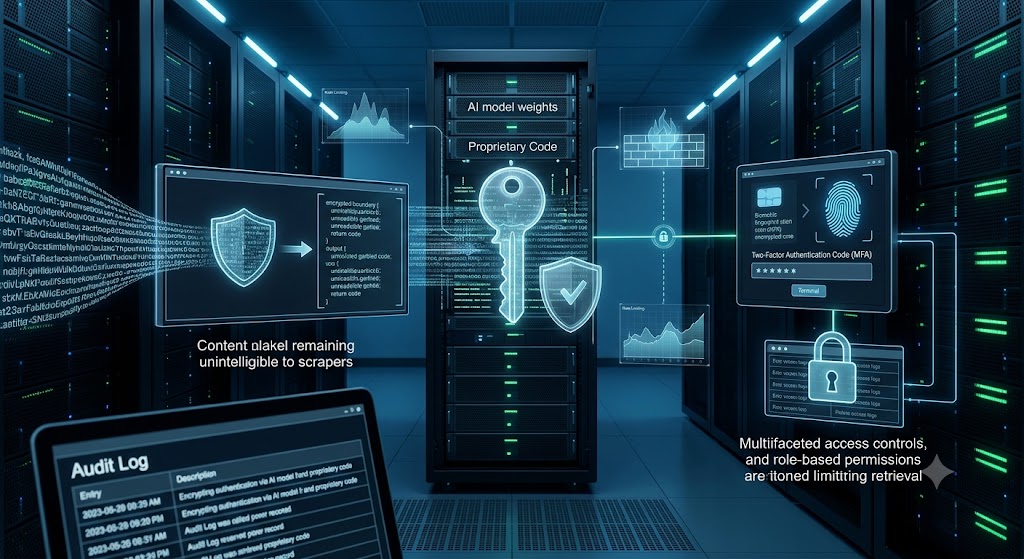 A digital illustration shows a secure server with a large key, fingerprint access, MFA code, and shields to block scrapers.