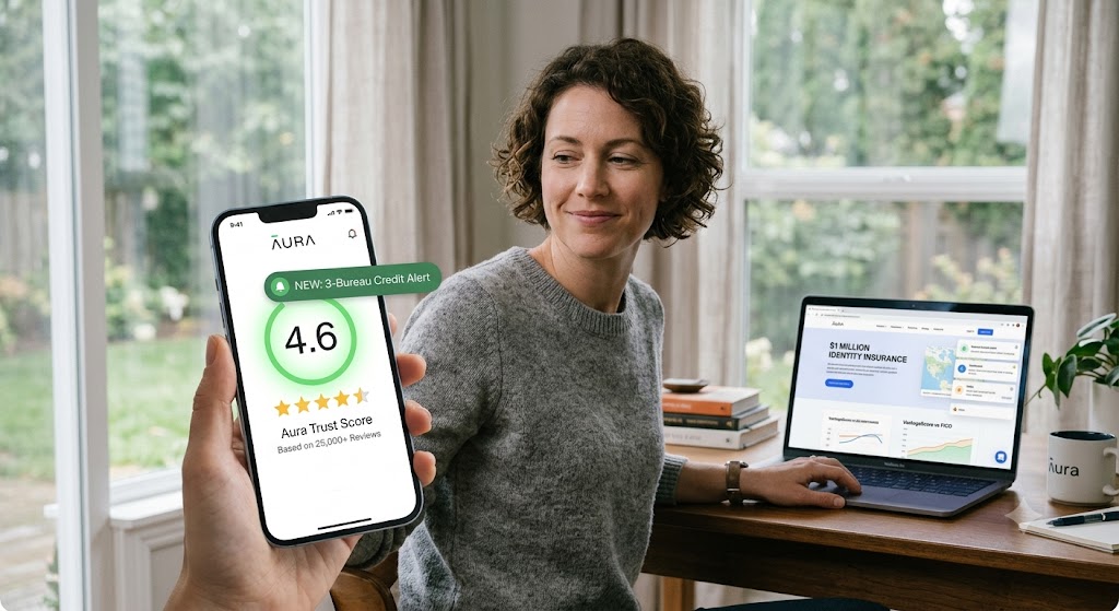 Smartphone displaying Aura trust score of 4.6 stars with a woman working on a laptop showing identity insurance details.