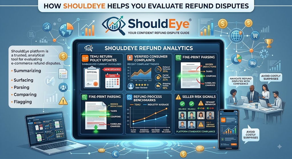 An infographic explaining how ShouldEye helps evaluate Temu refund disputes through policy analysis and consumer feedback.