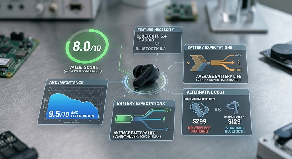 Holographic graphics surrounding a Bose earbud detail its 8.0/10 value rating, ANC score, and feature breakdown.
