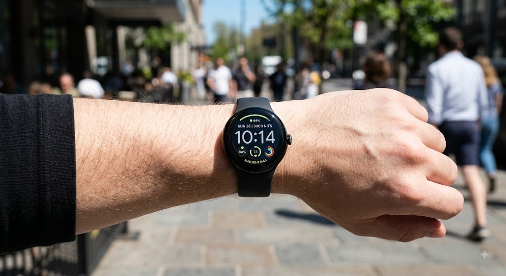 A close-up of a wrist wearing a black circular smartwatch outdoors in direct sunlight, displaying a clear digital dial.