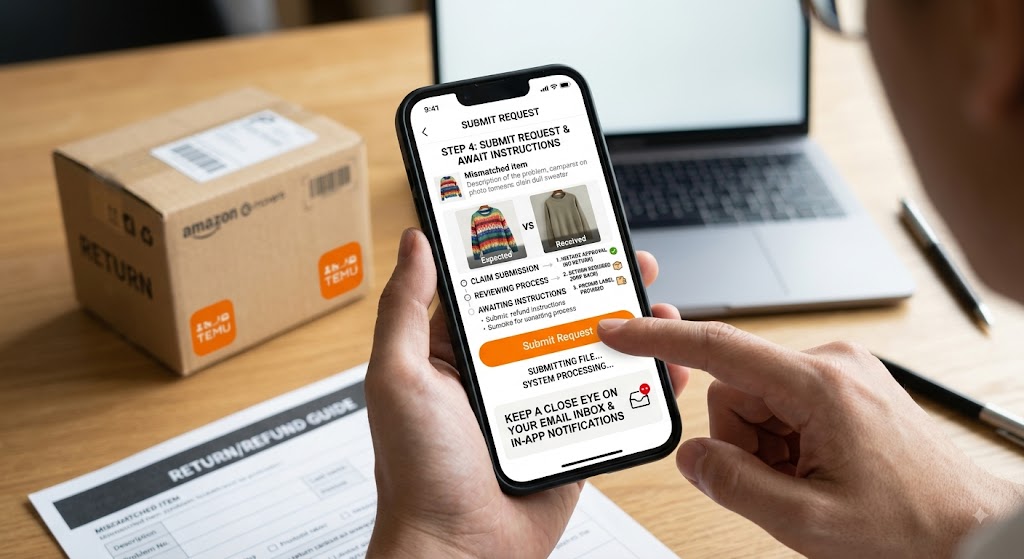 Person holding smartphone submitting Temu refund request for mismatched item with packaged box and documents nearby.