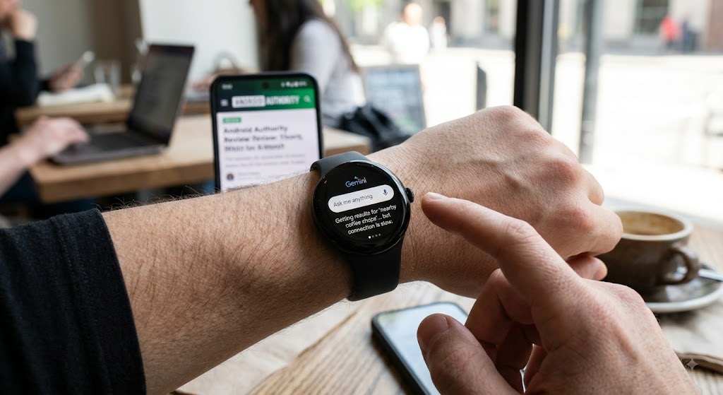 A hand taps a smartwatch screen displaying Gemini AI assistant on the wrist, with a smartphone resting in a cafe.