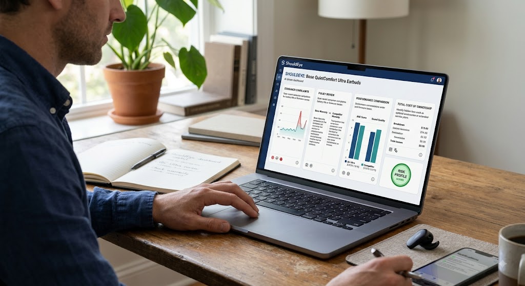 A man reviews the ShouldEye dashboard on his laptop to evaluate Bose QuietComfort Ultra Earbuds specs and policies.