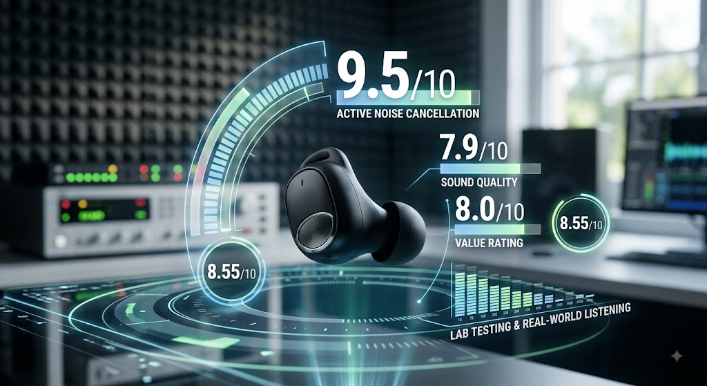 An earbud floats above a studio desk surrounded by holographic performance ratings for noise cancellation and sound quality.