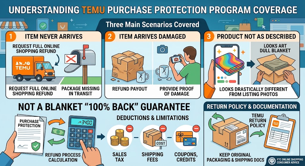 Infographic explaining Temu Purchase Protection coverage, including claims for lost, damaged, or mismatched items.