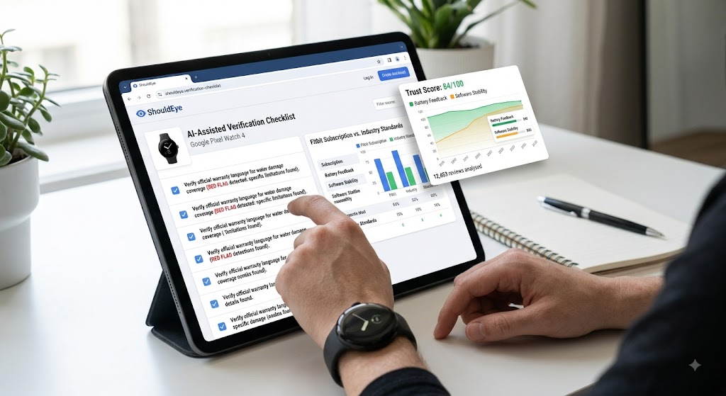 A tablet displaying an AI verification checklist for Google Pixel Watch 4 alongside a product trust score dashboard.