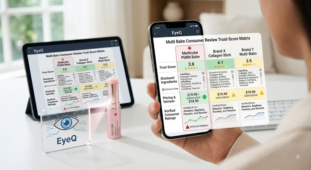 A smartphone displays an EyeQ matrix comparing a Medicube PDRN Balm review with two other balms' trust scores and ingredients.