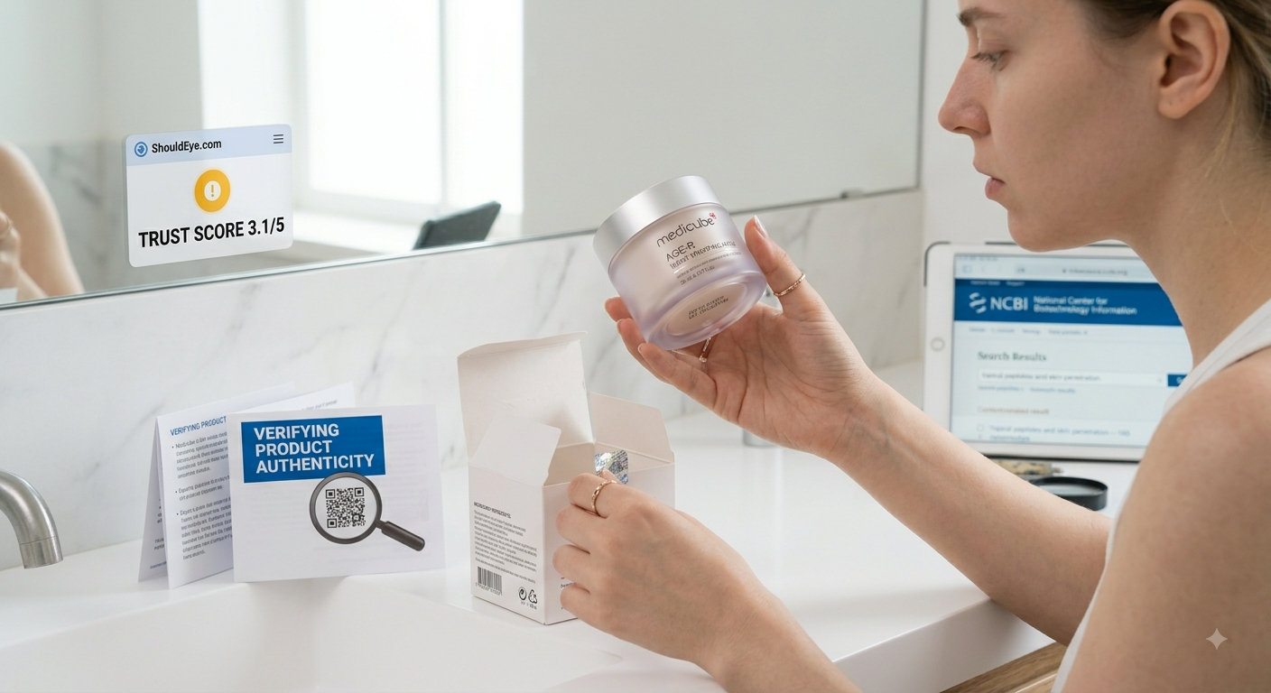 A hand scrutinizes a Medicube jar and its box for batch codes and seals, next to an NCBI research tablet in a bathroom.