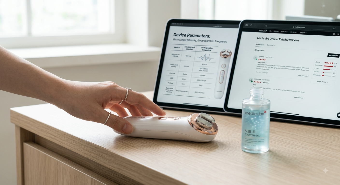 A hand reaches toward a rose gold Korean facial device next to serum, with a tablet displaying data and reviews.