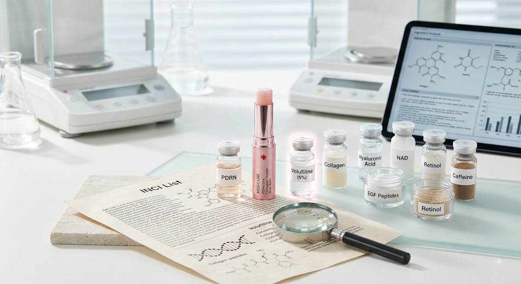 Medicube PDRN Balm surrounded by ingredients like Volufiline, PDRN, and collagen vials with an INCI list on a lab table.