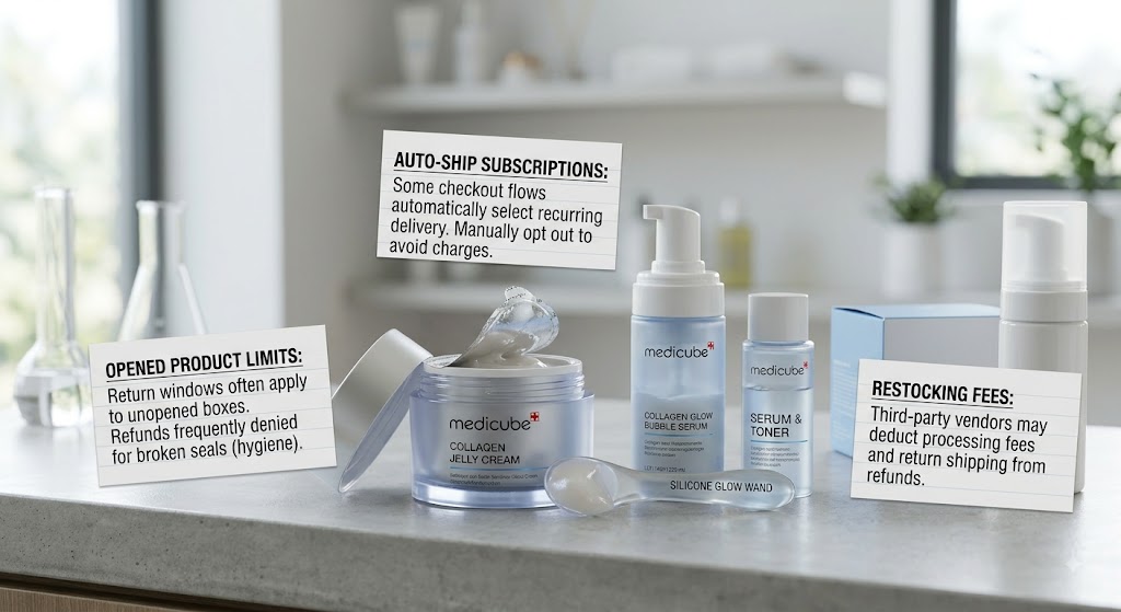 Skincare products surrounded by note cards highlighting return limits, auto-ship subscriptions, and restocking fees.