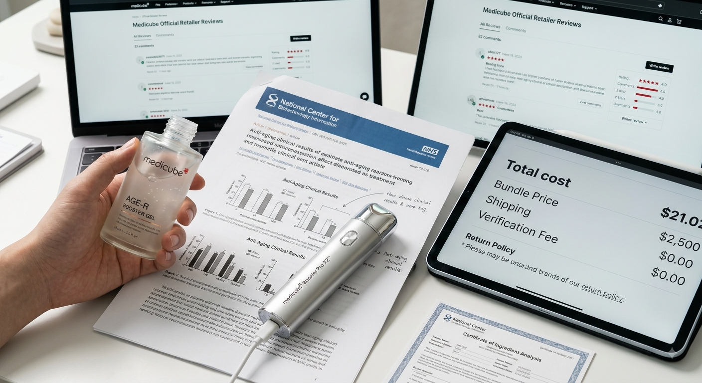Hand holding a Medicube serum bottle and facial device over clinical papers beside a tablet showing total price details.
