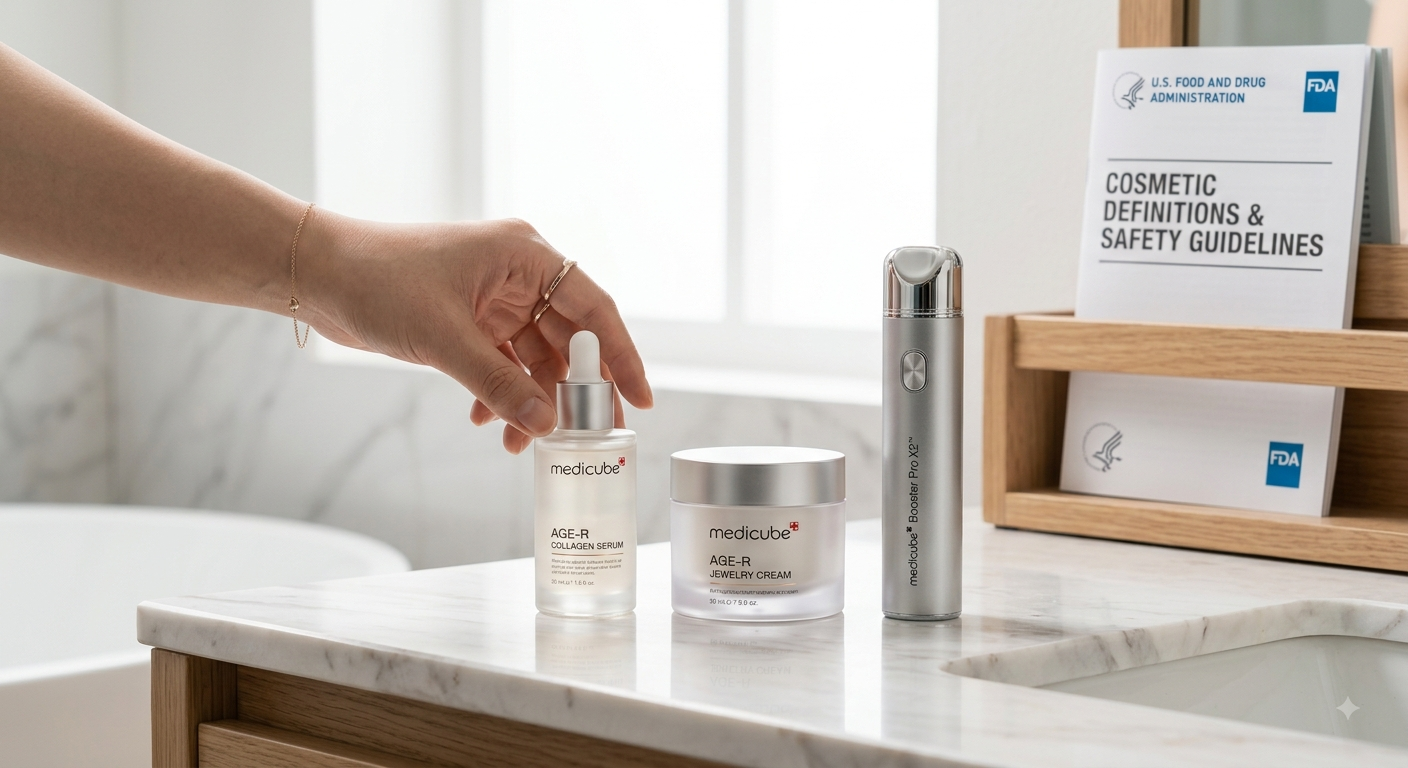 A hand reaching for a Medicube serum bottle next to a cream jar and facial device with FDA guidelines in view.