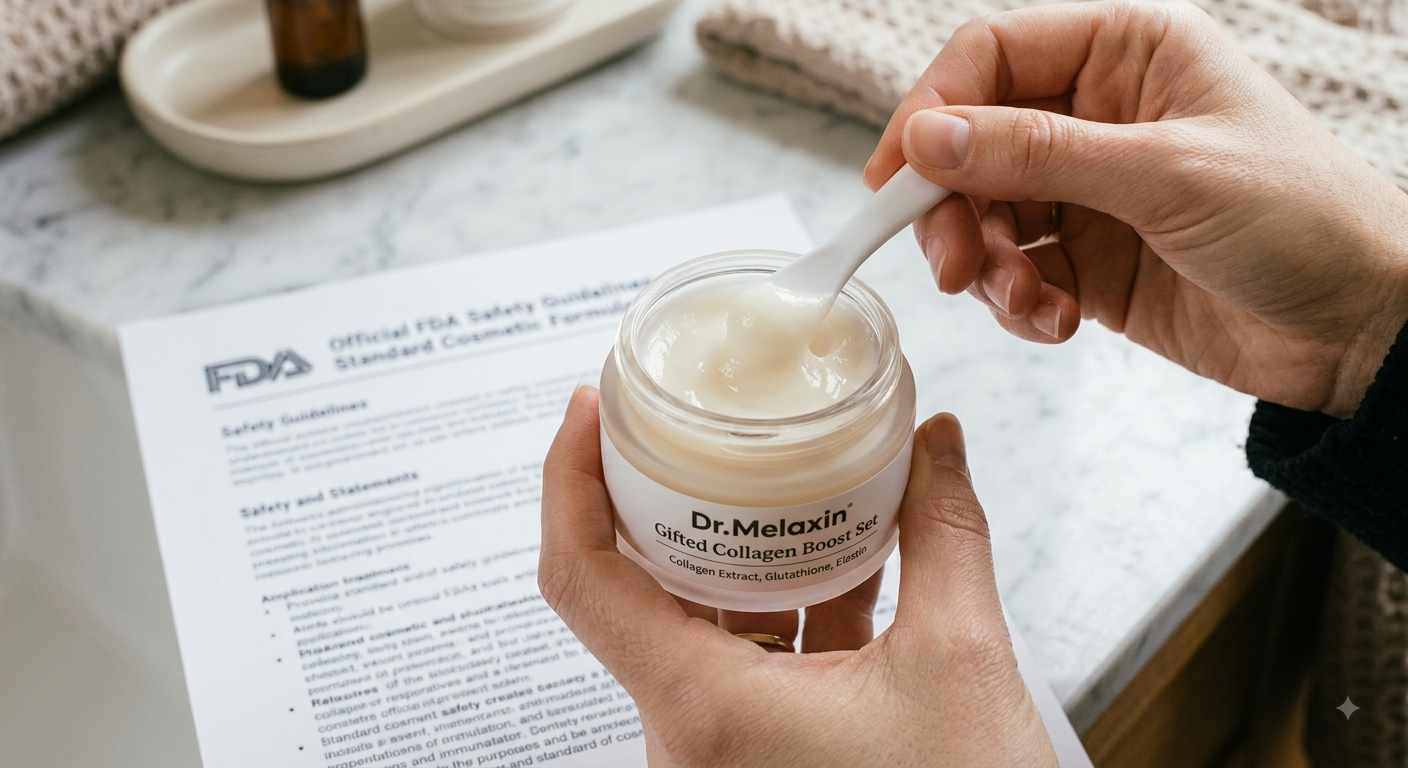 Close-up of hands dipping a spatula into Dr.Melaxin skin firming collagen balm jar with safety guidelines in background.