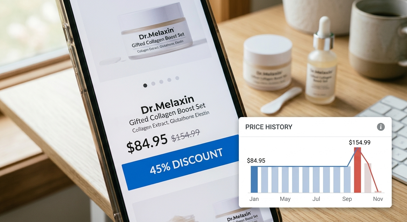 Smartphone screen displaying Dr.Melaxin product price discount of $84.95 with an overlay showing historical price tracking.