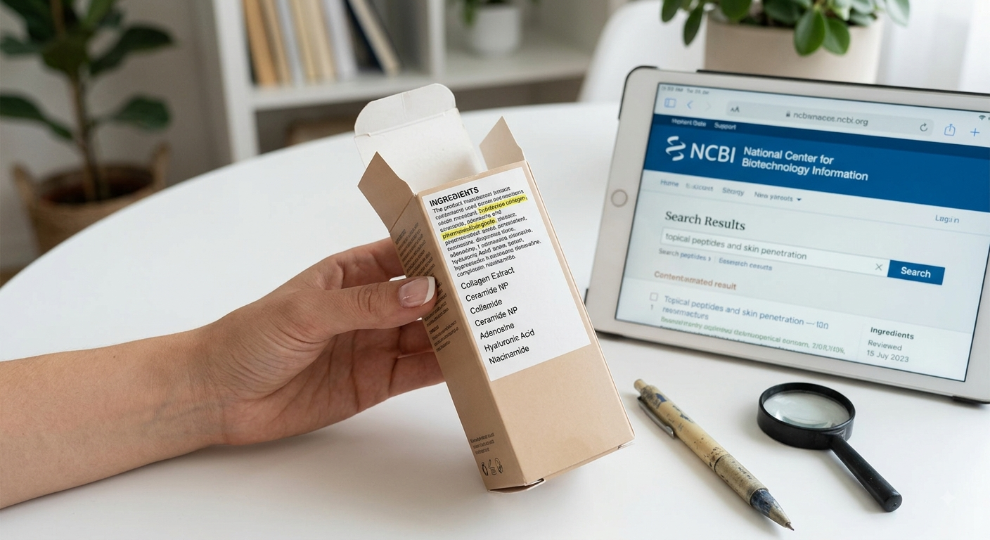 A hand holds a skincare box showing the ingredient list next to a tablet displaying research on the NCBI website.